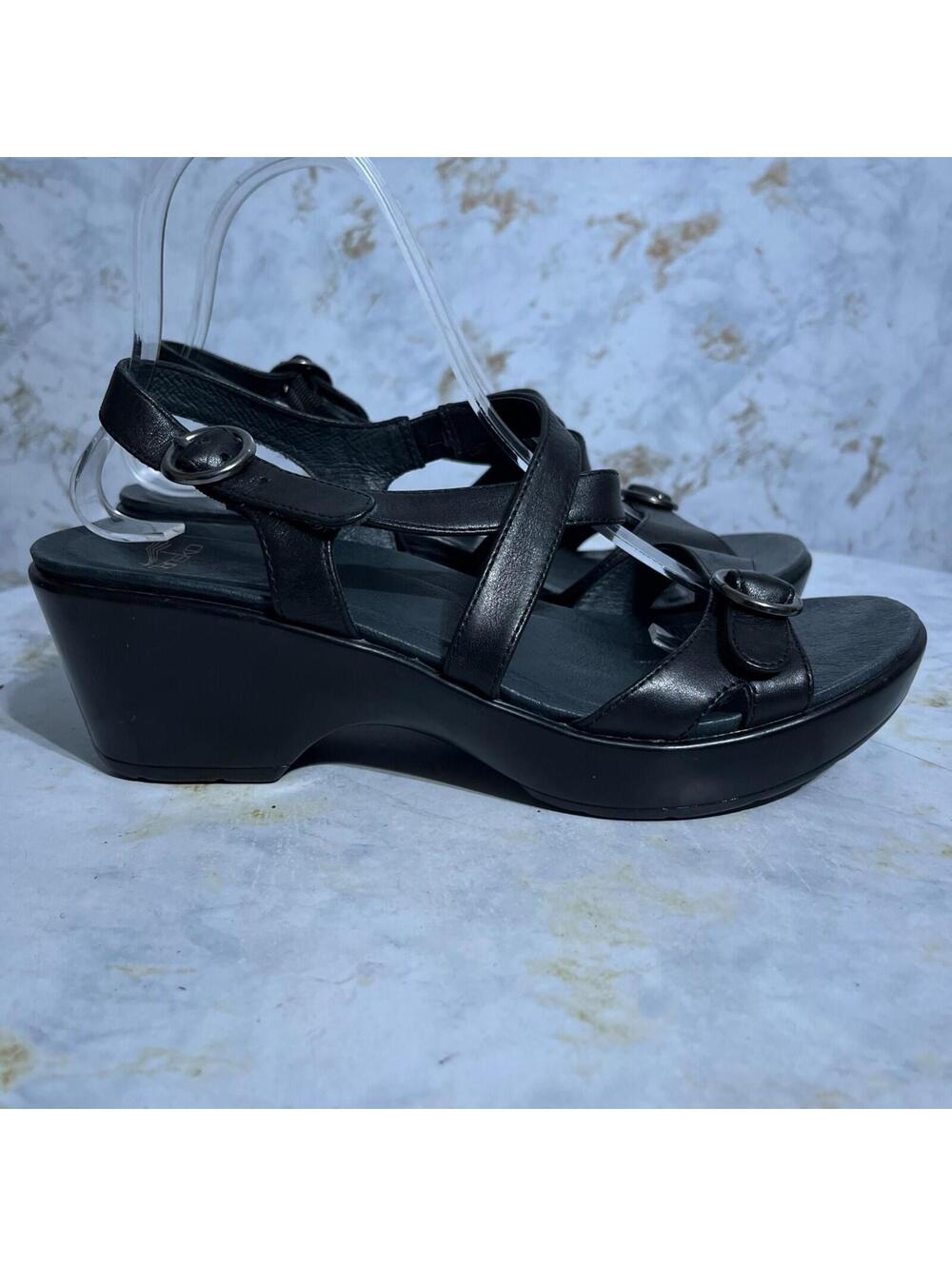 Dansko Julie 40 Women's Size 9.5M Shoes Black Leather Strappy Wedge Sandals